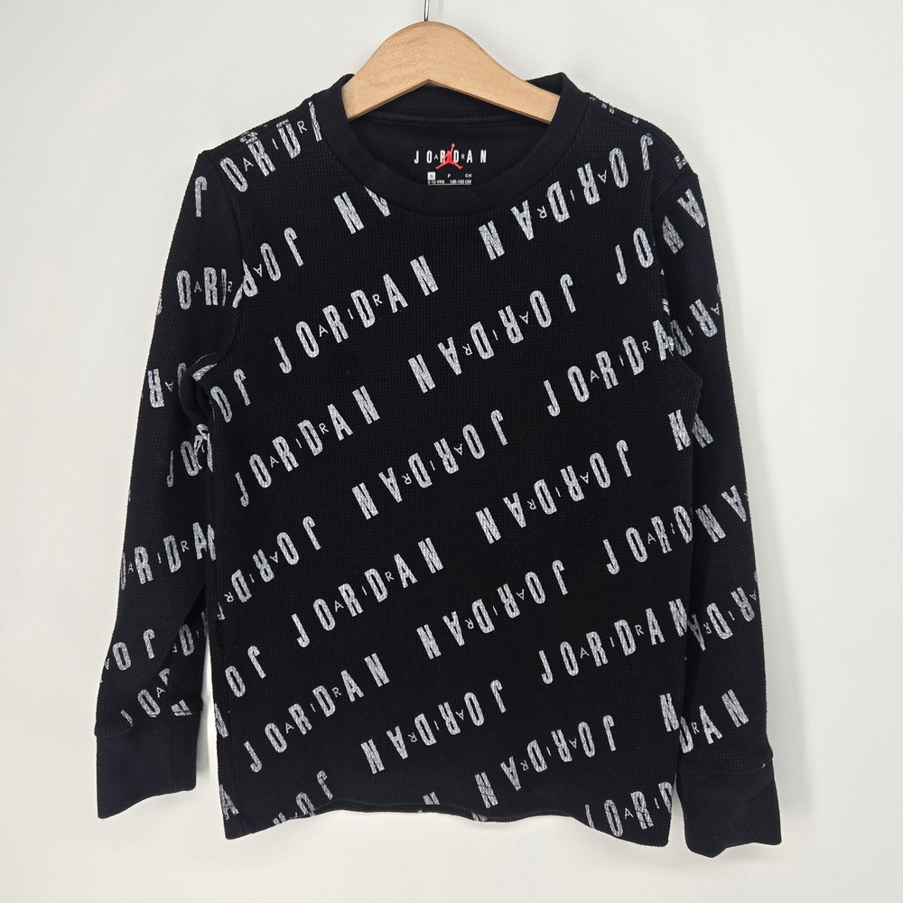 Jordan‎ Shirt Boys Small 8-10 Black Long Sleeve Thermal Waffle Knit Logo Print